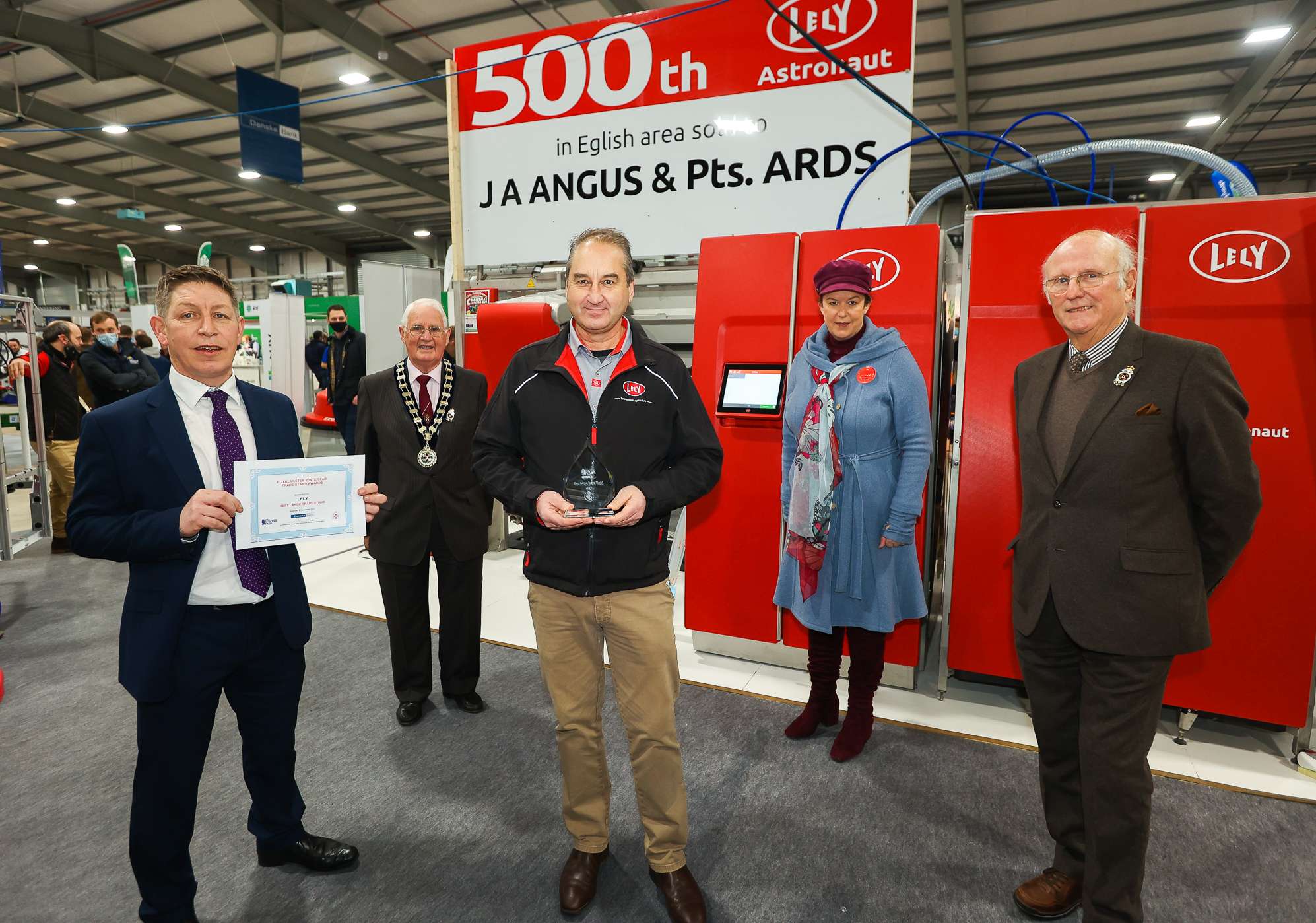 Pictured at the awards presentation were trade stand judge Andrew Short, RUAS President Christine Adams with John Reid and all the team at Cookstown Dairy Services alongside Ann Armstrong, Danske Bank (L to R).