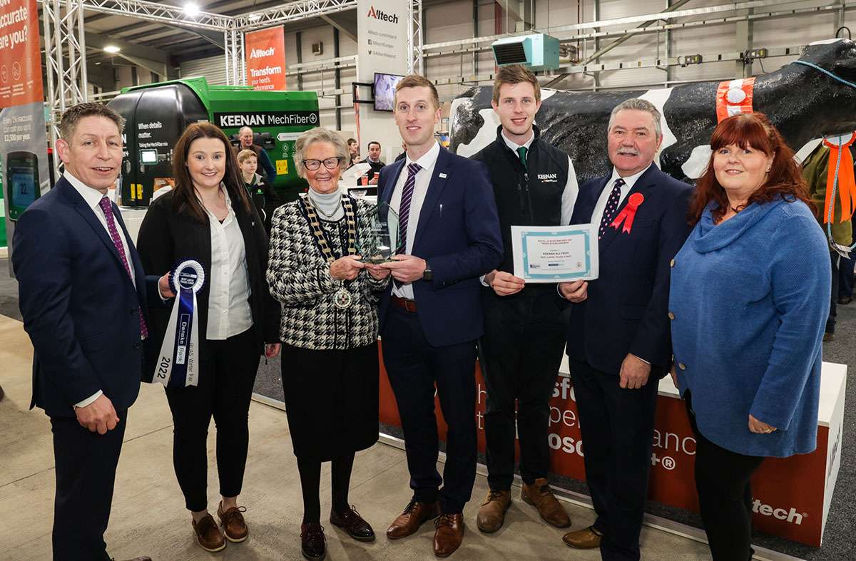 Pictured at the awards presentation were trade stand judge Andrew Short, RUAS President Christine Adams with John Reid and all the team at Cookstown Dairy Services alongside Ann Armstrong, Danske Bank (L to R).