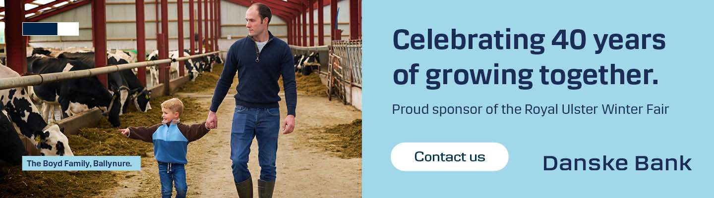 Danske Bank banner featuring a farming family on the left and green branding on the right