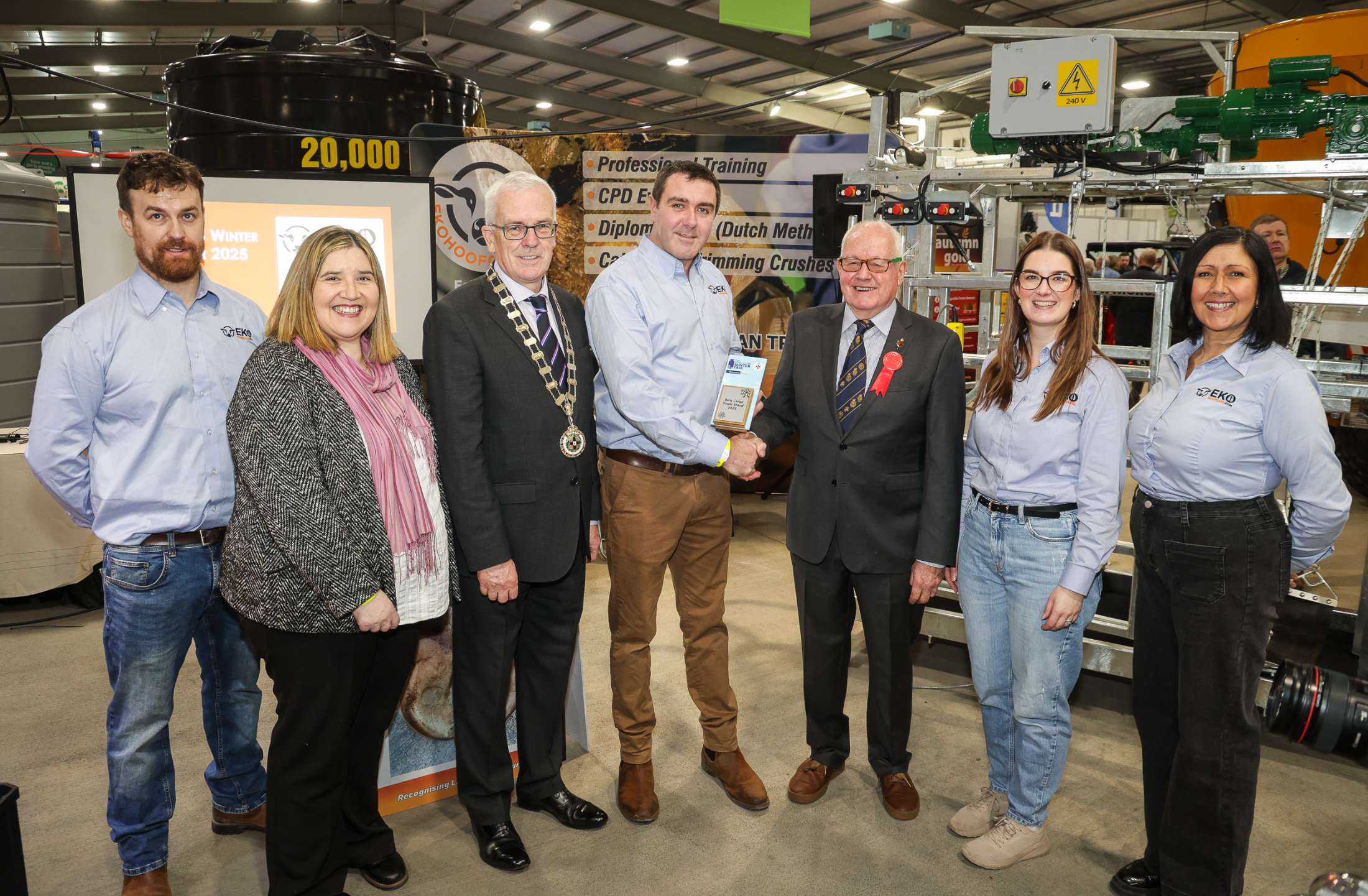 Pictured at the awards presentation were Aidan Duffy, Francis Burns, Helen Burns and Cathy Menezes from Eko Hoofcare alongside Carol McMullan, Danske Bank Agribusiness Manager, RUAS President John Henning OBE and trade stand judge Rob Wills.
